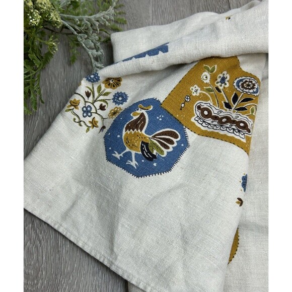 Vintage 47” Square Linen Tablecloth Blue Yellow Floral PA Dutch Style Stained - Picture 2 of 7